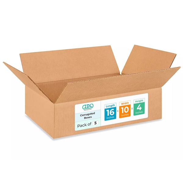 Idl Packaging 16 in x 10 in x 4 in Shipping Box, Kraft, Corrugate, Single Wall, 5 PK B-16104-5 - main